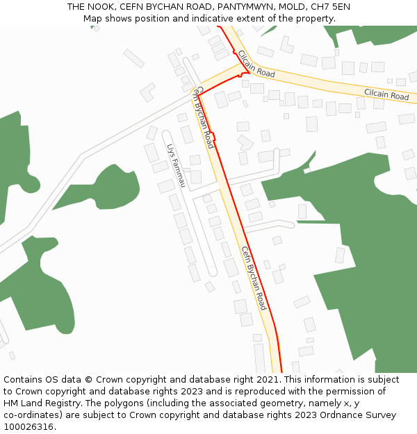 THE NOOK, CEFN BYCHAN ROAD, PANTYMWYN, MOLD, CH7 5EN: Location map and indicative extent of plot