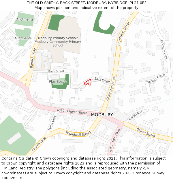 THE OLD SMITHY, BACK STREET, MODBURY, IVYBRIDGE, PL21 0RF: Location map and indicative extent of plot