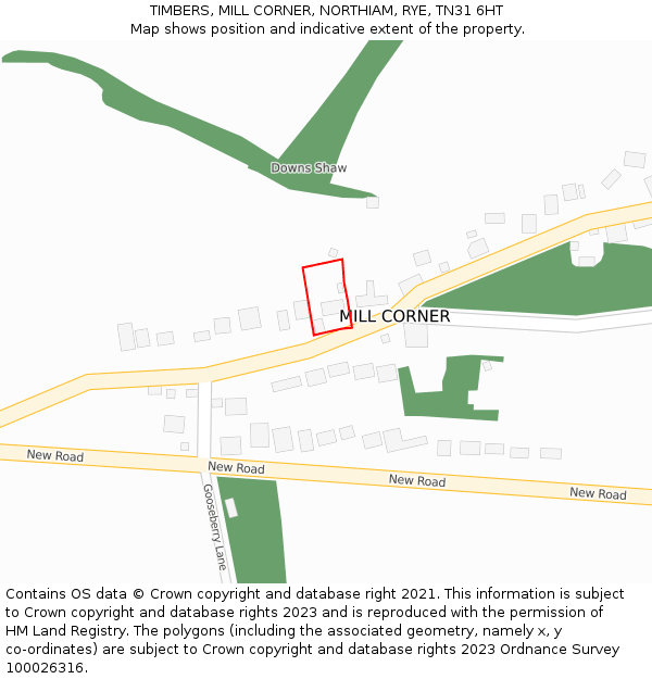 TIMBERS, MILL CORNER, NORTHIAM, RYE, TN31 6HT: Location map and indicative extent of plot