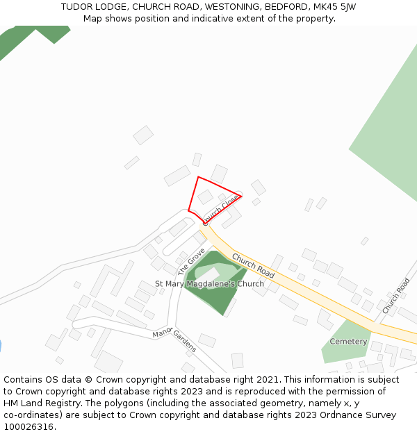 TUDOR LODGE, CHURCH ROAD, WESTONING, BEDFORD, MK45 5JW: Location map and indicative extent of plot