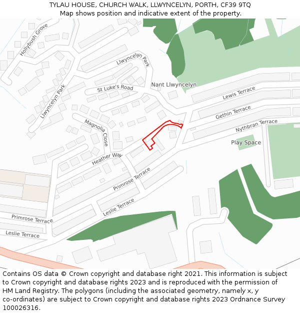 TYLAU HOUSE, CHURCH WALK, LLWYNCELYN, PORTH, CF39 9TQ: Location map and indicative extent of plot