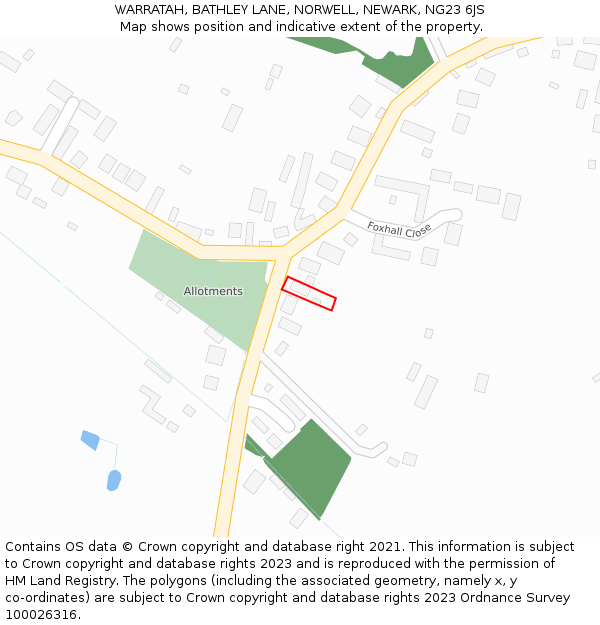 WARRATAH, BATHLEY LANE, NORWELL, NEWARK, NG23 6JS: Location map and indicative extent of plot