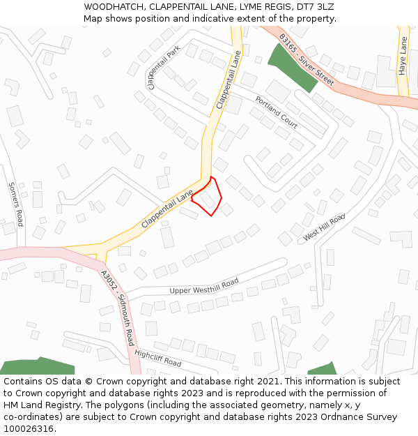 WOODHATCH, CLAPPENTAIL LANE, LYME REGIS, DT7 3LZ: Location map and indicative extent of plot