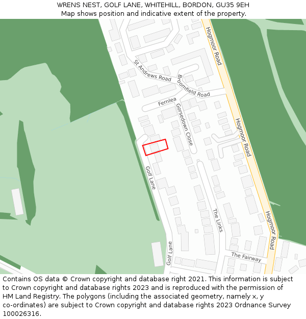 WRENS NEST, GOLF LANE, WHITEHILL, BORDON, GU35 9EH: Location map and indicative extent of plot