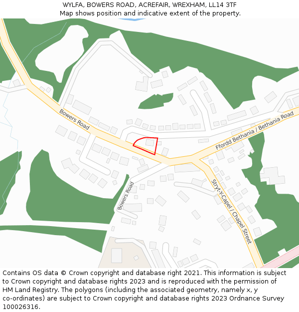 WYLFA, BOWERS ROAD, ACREFAIR, WREXHAM, LL14 3TF: Location map and indicative extent of plot