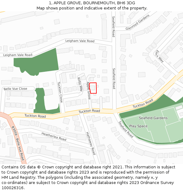 1, APPLE GROVE, BOURNEMOUTH, BH6 3DG: Location map and indicative extent of plot