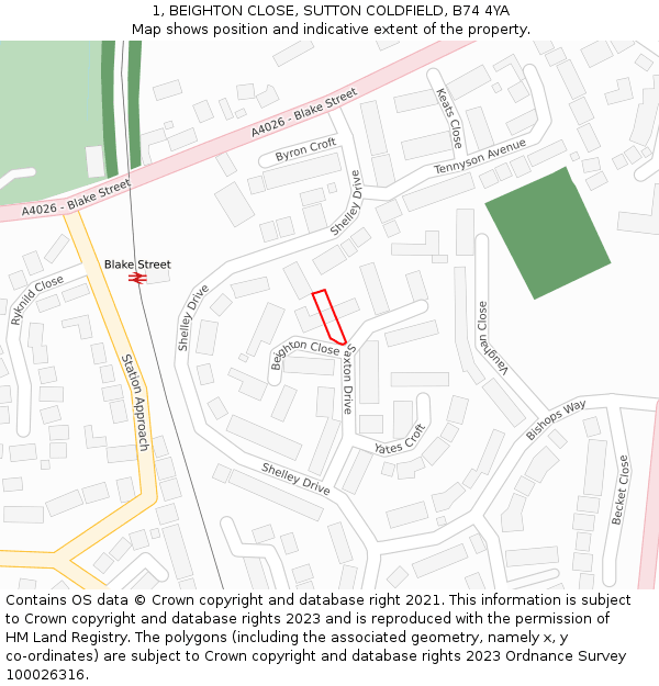 1, BEIGHTON CLOSE, SUTTON COLDFIELD, B74 4YA: Location map and indicative extent of plot