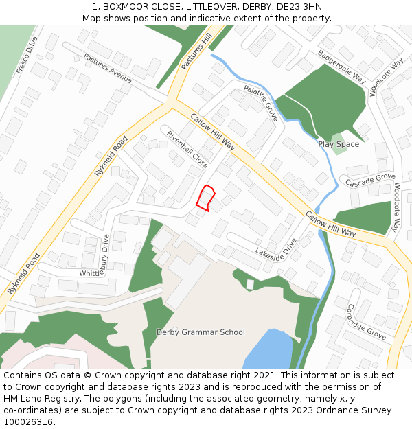 1, BOXMOOR CLOSE, LITTLEOVER, DERBY, DE23 3HN: Location map and indicative extent of plot