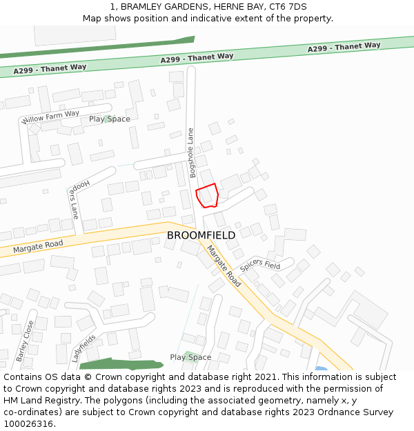 1, BRAMLEY GARDENS, HERNE BAY, CT6 7DS: Location map and indicative extent of plot