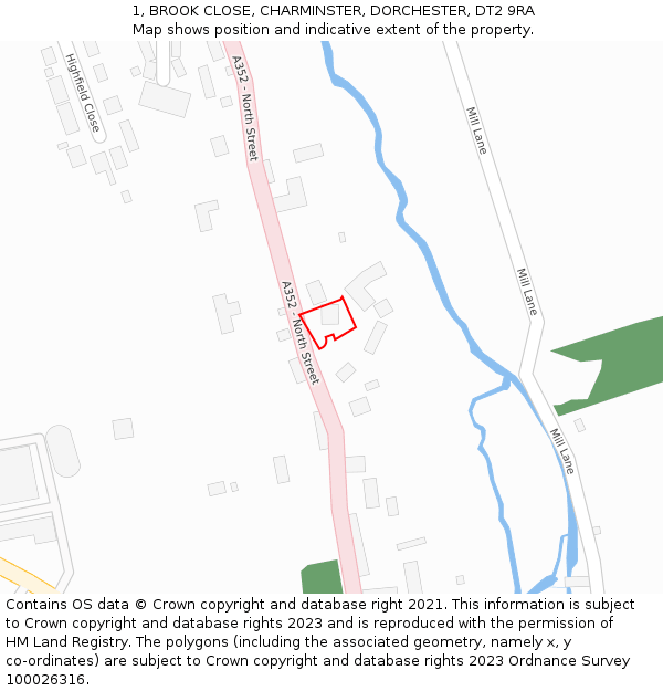 1, BROOK CLOSE, CHARMINSTER, DORCHESTER, DT2 9RA: Location map and indicative extent of plot