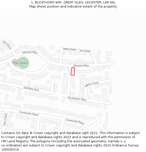 1, BUCKTHORN WAY, GREAT GLEN, LEICESTER, LE8 9AL: Location map and indicative extent of plot