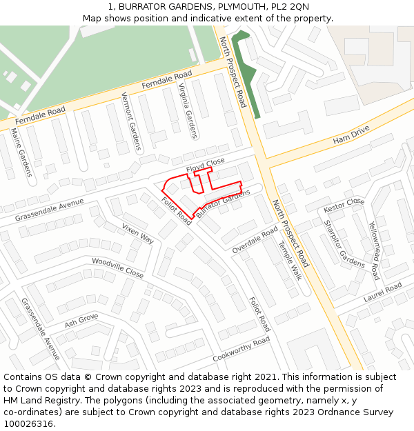 1, BURRATOR GARDENS, PLYMOUTH, PL2 2QN: Location map and indicative extent of plot