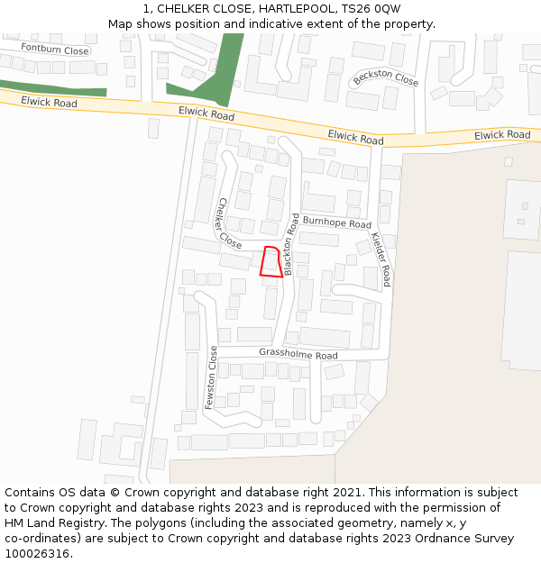 1, CHELKER CLOSE, HARTLEPOOL, TS26 0QW: Location map and indicative extent of plot