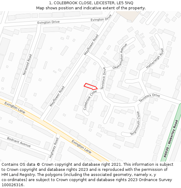 1, COLEBROOK CLOSE, LEICESTER, LE5 5NQ: Location map and indicative extent of plot