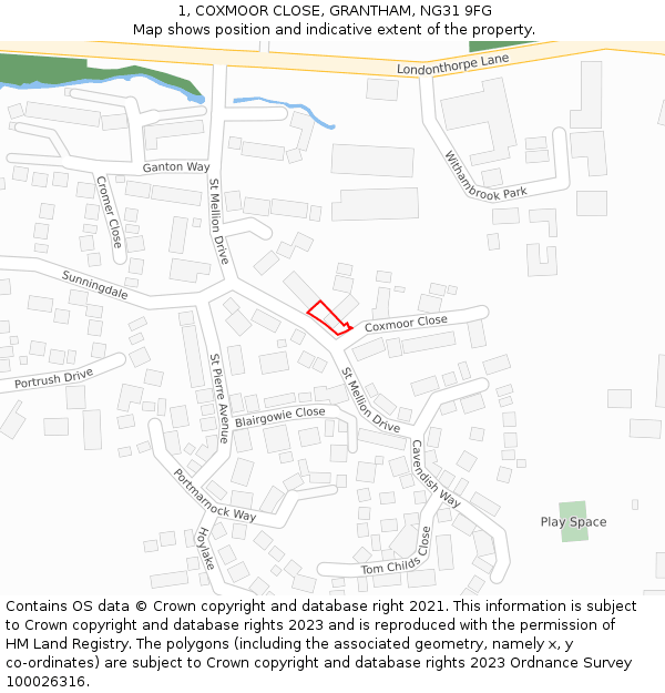 1, COXMOOR CLOSE, GRANTHAM, NG31 9FG: Location map and indicative extent of plot