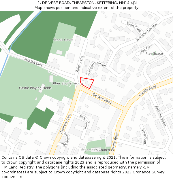 1, DE VERE ROAD, THRAPSTON, KETTERING, NN14 4JN: Location map and indicative extent of plot