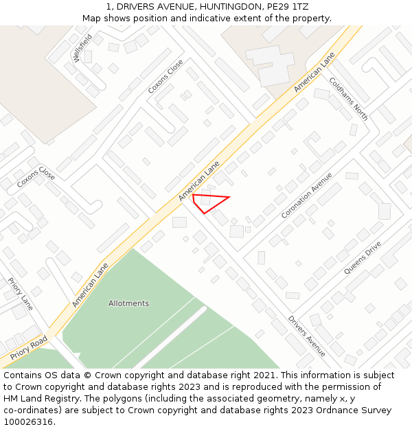 1, DRIVERS AVENUE, HUNTINGDON, PE29 1TZ: Location map and indicative extent of plot