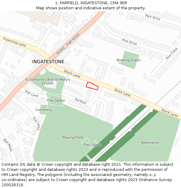 1, FAIRFIELD, INGATESTONE, CM4 9ER: Location map and indicative extent of plot