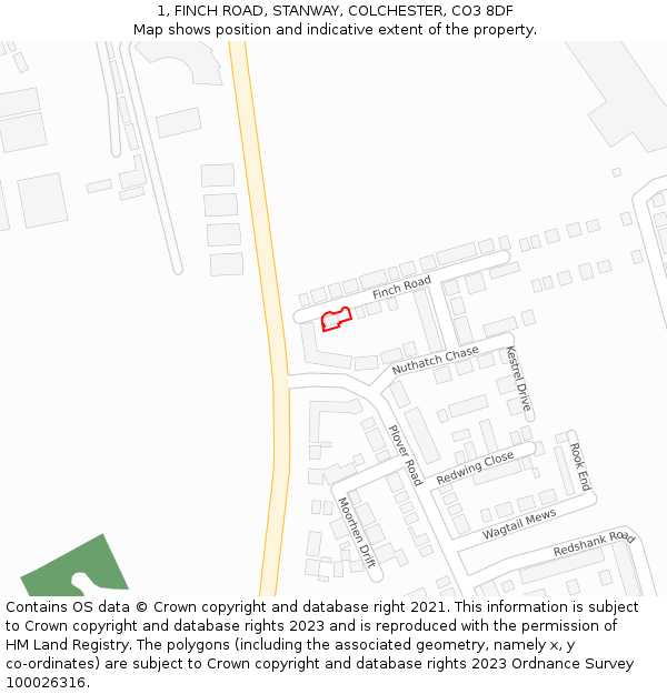 1, FINCH ROAD, STANWAY, COLCHESTER, CO3 8DF: Location map and indicative extent of plot