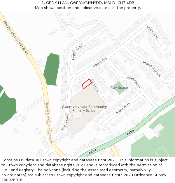 1, GER Y LLAN, GWERNYMYNYDD, MOLD, CH7 4DR: Location map and indicative extent of plot