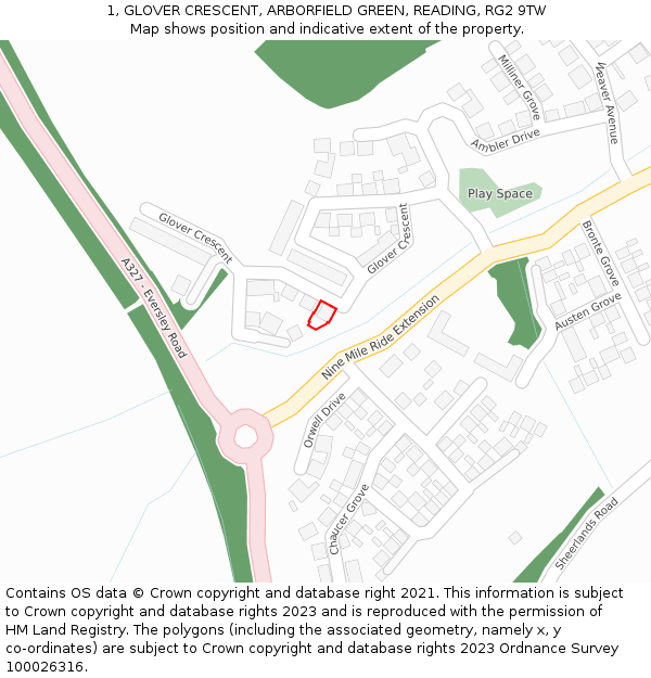 1, GLOVER CRESCENT, ARBORFIELD GREEN, READING, RG2 9TW: Location map and indicative extent of plot