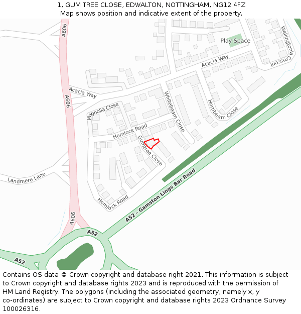 1, GUM TREE CLOSE, EDWALTON, NOTTINGHAM, NG12 4FZ: Location map and indicative extent of plot