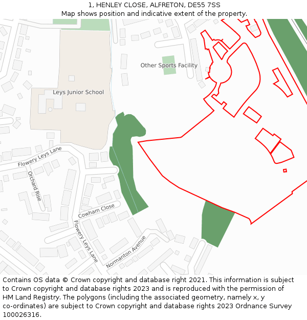 1, HENLEY CLOSE, ALFRETON, DE55 7SS: Location map and indicative extent of plot