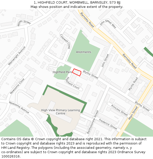 1, HIGHFIELD COURT, WOMBWELL, BARNSLEY, S73 8JJ: Location map and indicative extent of plot