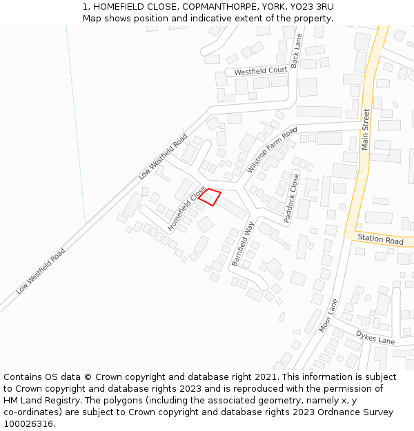 1, HOMEFIELD CLOSE, COPMANTHORPE, YORK, YO23 3RU: Location map and indicative extent of plot