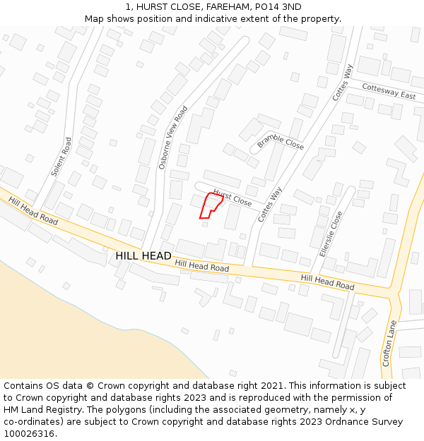 1, HURST CLOSE, FAREHAM, PO14 3ND: Location map and indicative extent of plot