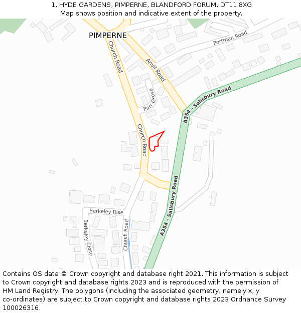 1, HYDE GARDENS, PIMPERNE, BLANDFORD FORUM, DT11 8XG: Location map and indicative extent of plot