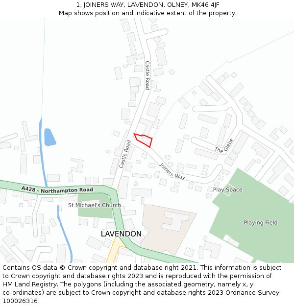 1, JOINERS WAY, LAVENDON, OLNEY, MK46 4JF: Location map and indicative extent of plot