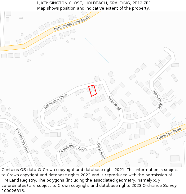 1, KENSINGTON CLOSE, HOLBEACH, SPALDING, PE12 7RF: Location map and indicative extent of plot