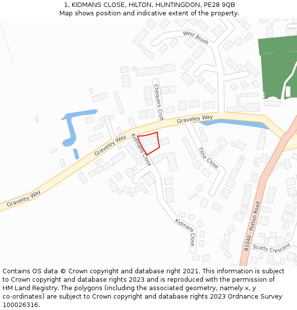 1, KIDMANS CLOSE, HILTON, HUNTINGDON, PE28 9QB: Location map and indicative extent of plot