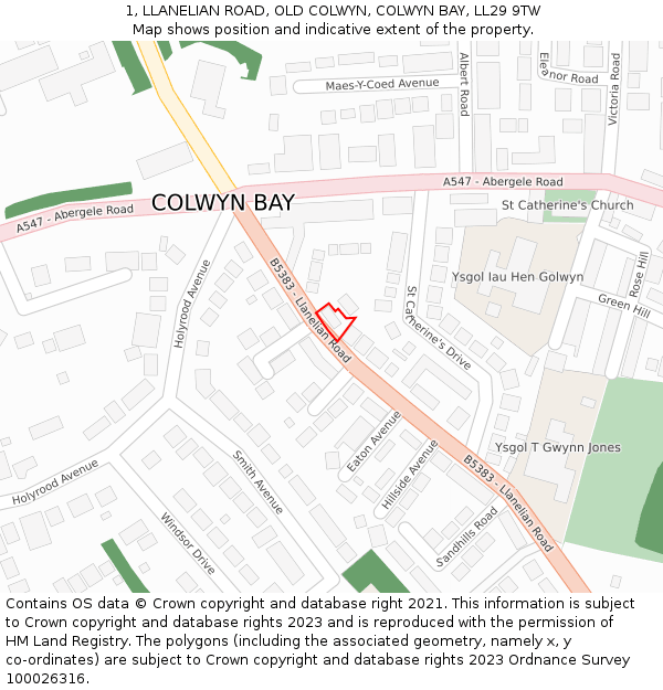 1, LLANELIAN ROAD, OLD COLWYN, COLWYN BAY, LL29 9TW: Location map and indicative extent of plot