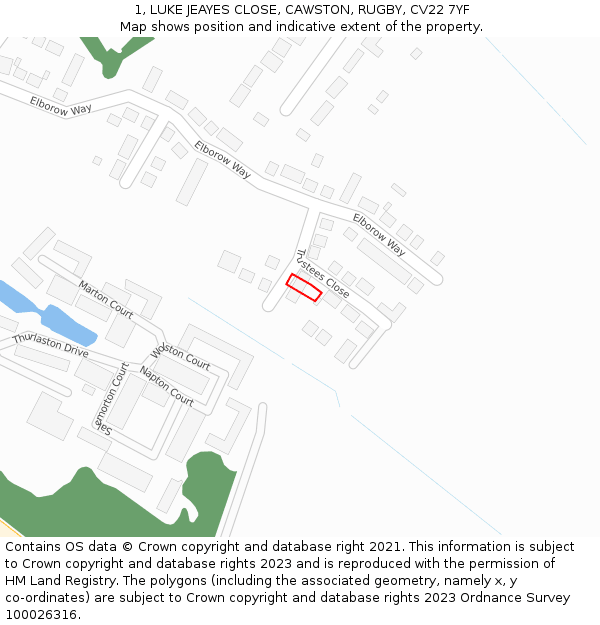 1, LUKE JEAYES CLOSE, CAWSTON, RUGBY, CV22 7YF: Location map and indicative extent of plot