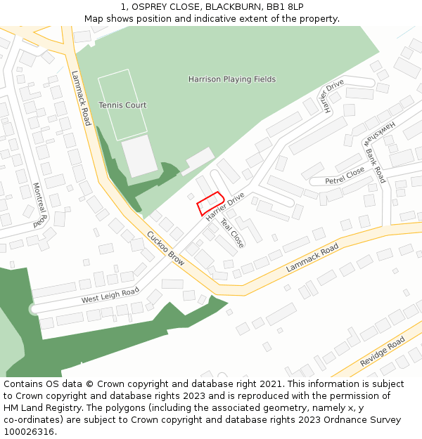 1, OSPREY CLOSE, BLACKBURN, BB1 8LP: Location map and indicative extent of plot