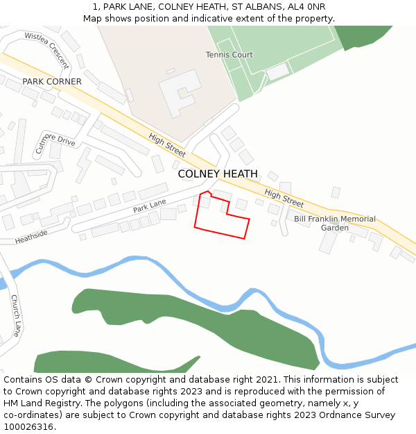 1, PARK LANE, COLNEY HEATH, ST ALBANS, AL4 0NR: Location map and indicative extent of plot