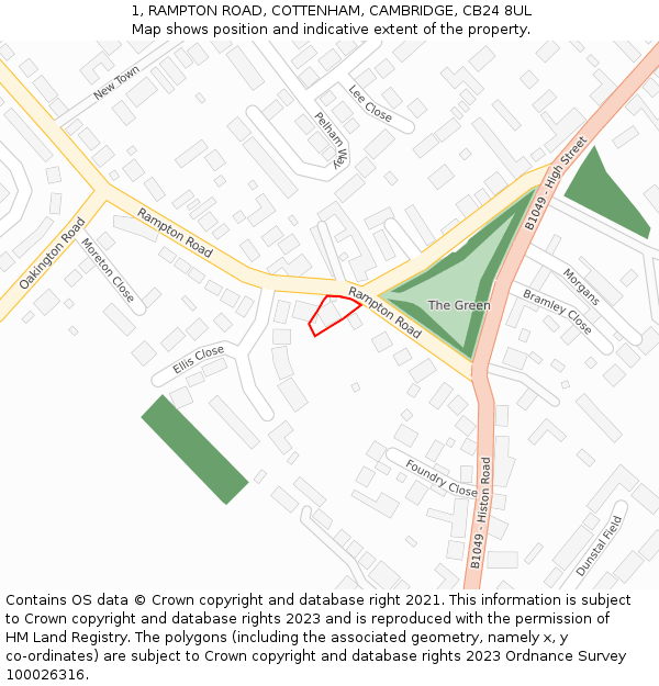 1, RAMPTON ROAD, COTTENHAM, CAMBRIDGE, CB24 8UL: Location map and indicative extent of plot