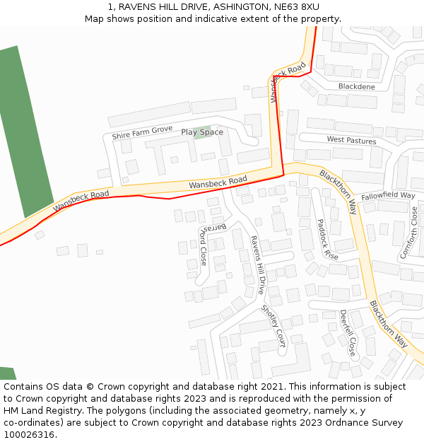 1, RAVENS HILL DRIVE, ASHINGTON, NE63 8XU: Location map and indicative extent of plot