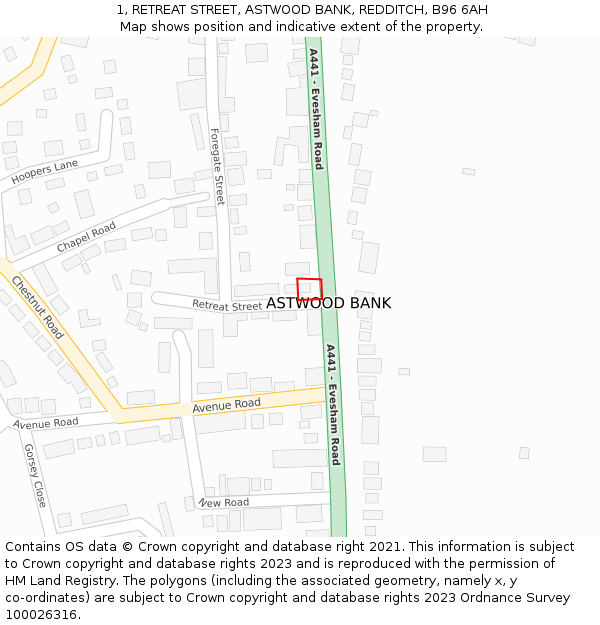 1, RETREAT STREET, ASTWOOD BANK, REDDITCH, B96 6AH: Location map and indicative extent of plot