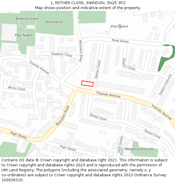 1, ROTHER CLOSE, SWINDON, SN25 3PZ: Location map and indicative extent of plot