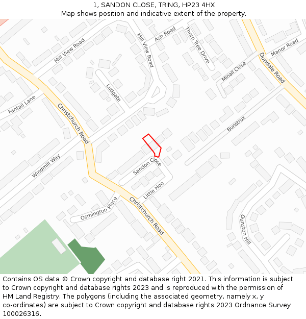 1, SANDON CLOSE, TRING, HP23 4HX: Location map and indicative extent of plot