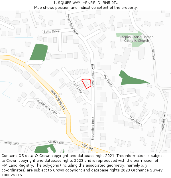 1, SQUIRE WAY, HENFIELD, BN5 9TU: Location map and indicative extent of plot