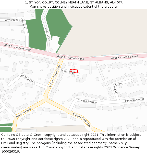 1, ST. YON COURT, COLNEY HEATH LANE, ST ALBANS, AL4 0TR: Location map and indicative extent of plot