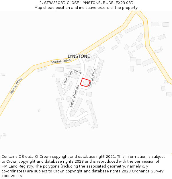 1, STRAFFORD CLOSE, LYNSTONE, BUDE, EX23 0RD: Location map and indicative extent of plot