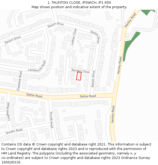 1, TAUNTON CLOSE, IPSWICH, IP1 6SX: Location map and indicative extent of plot