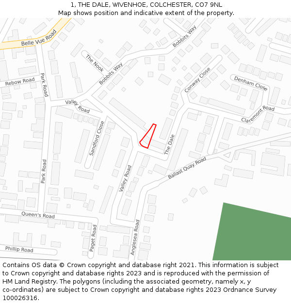 1, THE DALE, WIVENHOE, COLCHESTER, CO7 9NL: Location map and indicative extent of plot