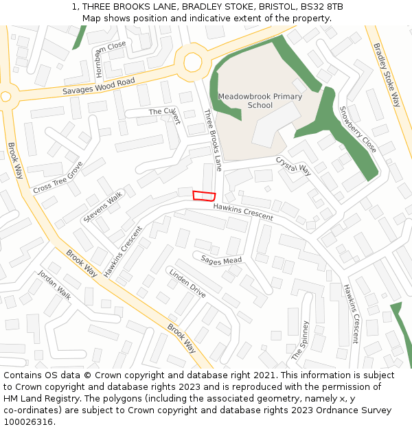 1, THREE BROOKS LANE, BRADLEY STOKE, BRISTOL, BS32 8TB: Location map and indicative extent of plot