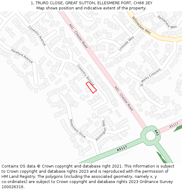 1, TRURO CLOSE, GREAT SUTTON, ELLESMERE PORT, CH66 2EY: Location map and indicative extent of plot